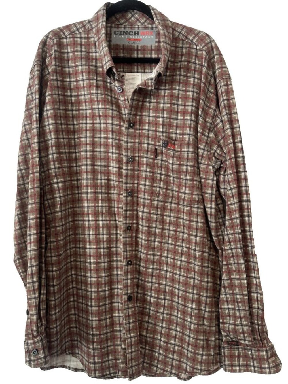 XL Cinch WRX CAT 2 Flame Resistant FR flannel brown tan red plaid LS work shirt